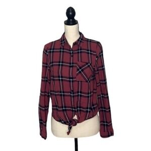 Love Tree Shirt Womens Small Red Black Plaid Cotton Flannel Cropped‎ Tie Front